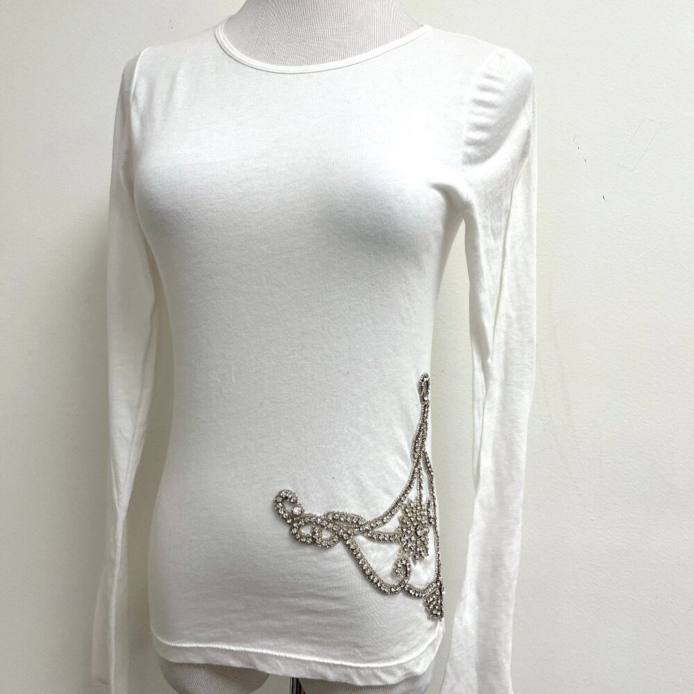 Simdog white crew t shirt long sleeve crystals S nWT